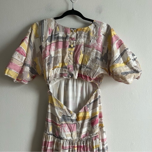 Moon River Sz M Colorful Pastel Puff Sleeves Poplin Open Back Maxi Dress - Picture 8 of 10